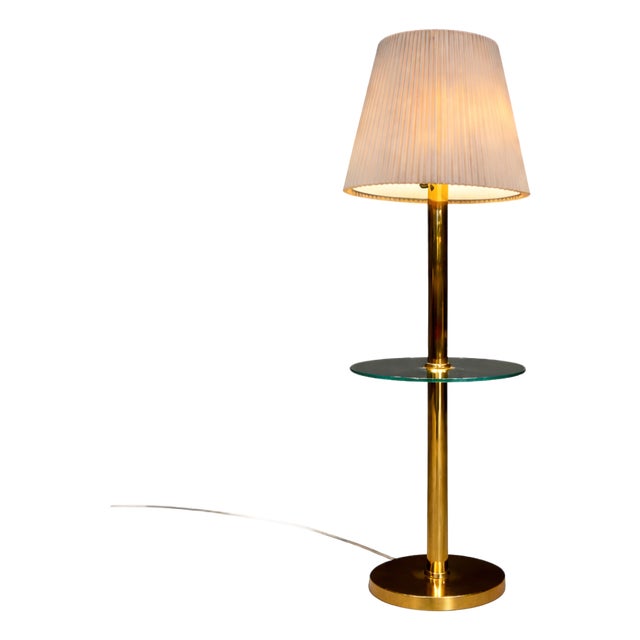 Mid-Century Modern Brass Floor Lamp with Integrated Glass Shelf and Pleated Shade, Italy, 1960s - Lot 902 For Sale