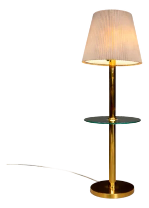 Mid-Century Modern Brass Floor Lamp with Integrated Glass Shelf and Pleated Shade, Italy, 1960s - Lot 902