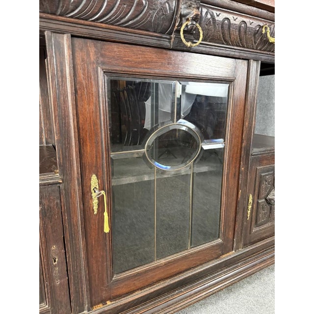 19th Century Marble Top Continental Oak Buffet With Leaded Glass Door For Sale - Image 10 of 18