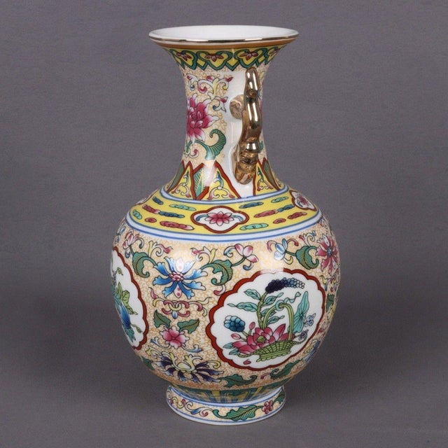 Vintage Famille Rose Twin-Handled Vase With Lotus Medallion For Sale In Los Angeles - Image 6 of 9
