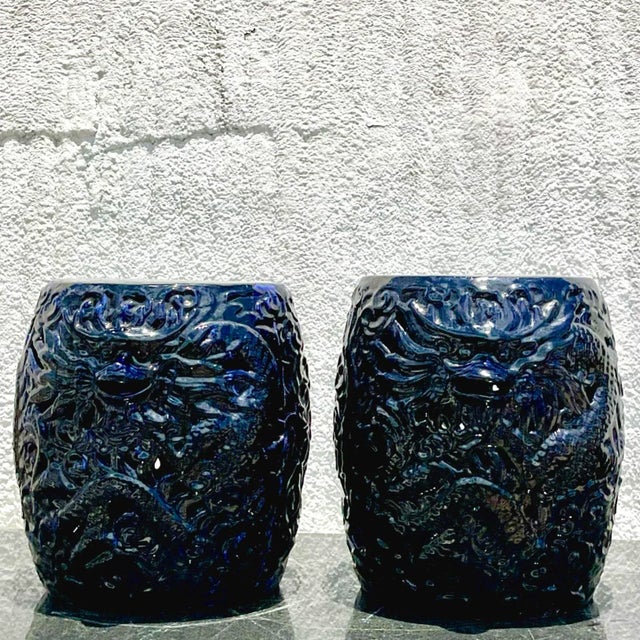 Late 20th Century Vintage Boho Glazed Ceramic Dragon Stools - a Pair For Sale - Image 5 of 8