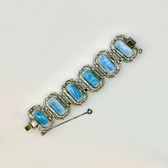 1920s Antique Art Deco Art Nouveau Blue Glass & Silver Tone Clasp Cuff Bracelet, 7” For Sale - Image 9 of 13