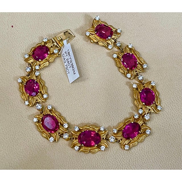 Pink 24 Carat Pink Tourmaline and 2.75 Carat Diamond Bracelet 18 Karat Yellow Gold For Sale - Image 8 of 18