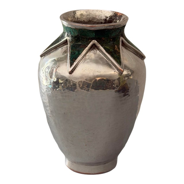 Vintage Emilia Castillo Taxco Brutalist Silver Plate and Malchite Vase For Sale