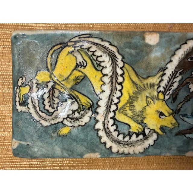 Antique 1800's Hand Painted Middle Eastern Lion Horse Pottery Majolica Wall Tile For Sale In New York - Image 6 of 10