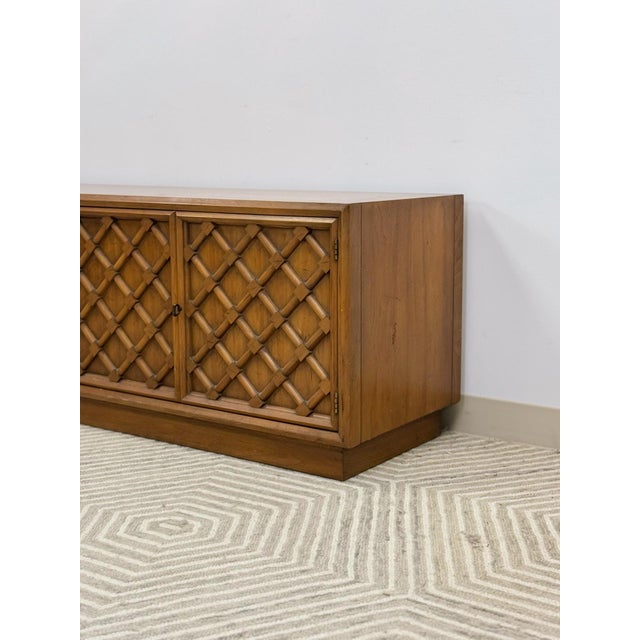 Drexel Collage MCM Low Console Lattice Door Faces Vintage Credenza Finished Back For Sale - Image 14 of 16