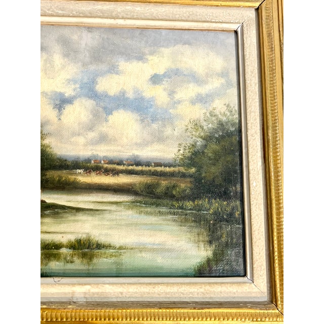 Sky Blue 19th Century French Pastoral Landscape Oil Painting in Ornate Giltwood Frame For Sale - Image 8 of 17