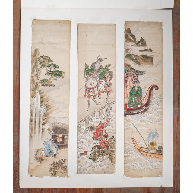 19th Century Japanese Watercolor Triptych Scroll Painting, Signed For Sale In New York - Image 6 of 12