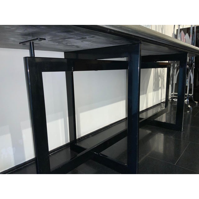 Large console table, warm olive green marble agglomerate top, matt black painted metal base. 250x65 cm, height 75 cm....