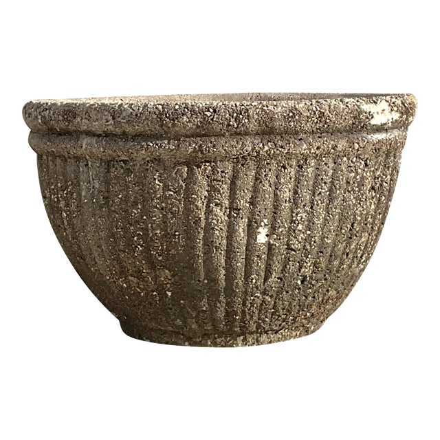 Vintage Boho Cast Concrete Ribbed Planter For Sale