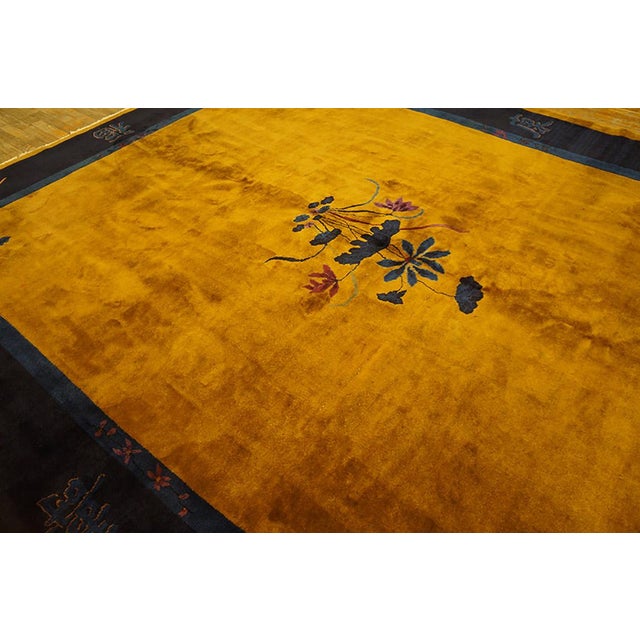 1920s 1920s Antique Chinese Minimalist Floral Art Deco Room Size Wool Blue Yellow Rug For Sale - Image 5 of 7