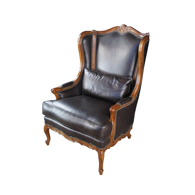 French Late 20th Century Thomasville French Louis XV Wingback Bergere Faux Alligator Leather Armchair For Sale - Image 3 of 13