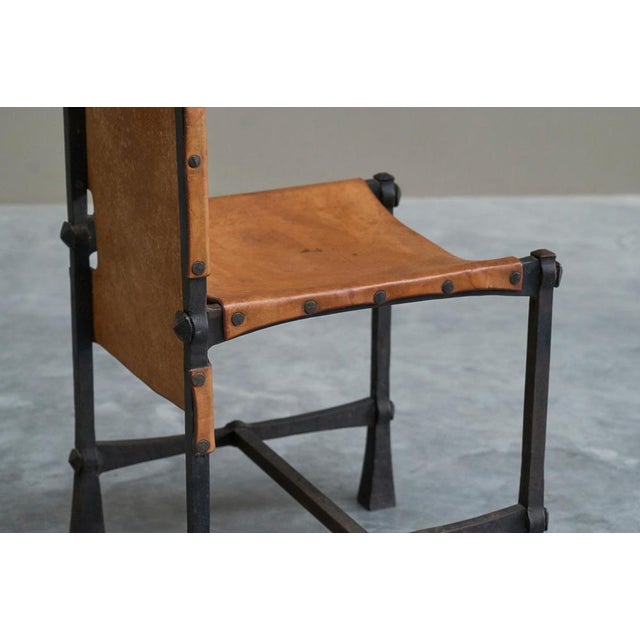 Brutalist Vintage Brutalist High Back Chair in Wrought Iron and Patinated Cognac Leather, 1950s For Sale - Image 3 of 18