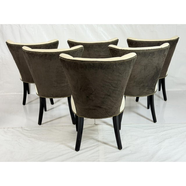Set of 6 Mid-Century Tuxedo Dining Chairs, Ebonized Wood, Brass Nailheads For Sale - Image 9 of 18