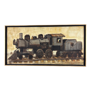Mid-Century Vintage Oil and Canvas Train Engine Painting