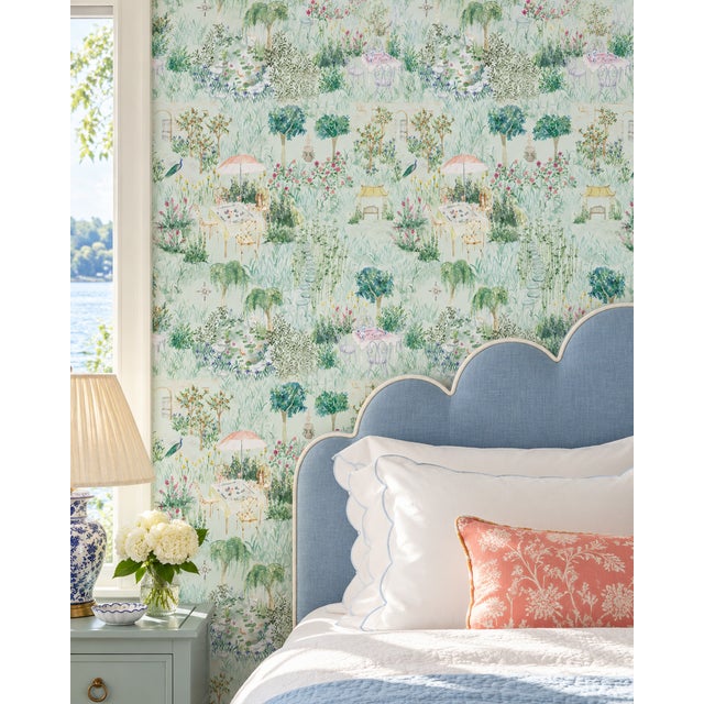 Shabby Chic Mahjong Garden Party Toile Grasscloth Wallpaper by House Party | 6 Yards For Sale - Image 3 of 14