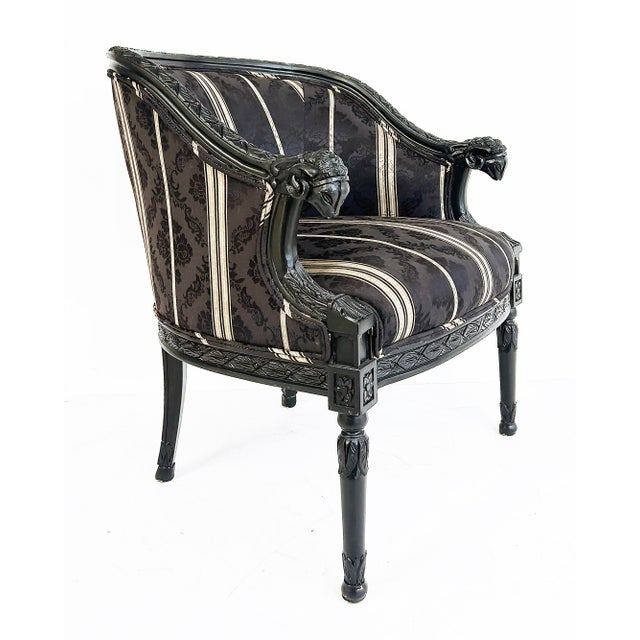 Vintage Ebonized Carved Ram's Head Bergère Chairs, Pair For Sale - Image 4 of 16