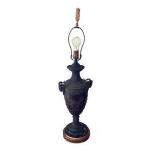 Antique French Patinated Spelter Urn Lamp With Rams Heads and Cherubs, Marble Brass Stand