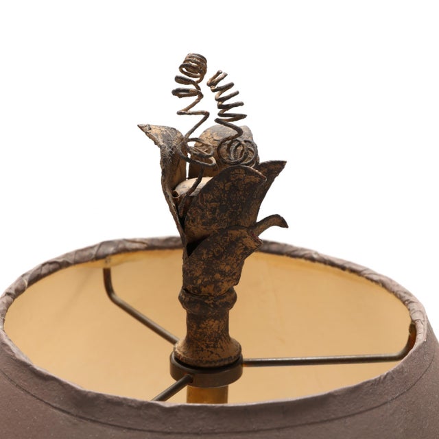 1990s Pair Vintage Hart & Associates Antique Brass Candlestick Buffet Lamps Taupe Painted Shades and Vine Foliage Detailing For Sale - Image 5 of 8