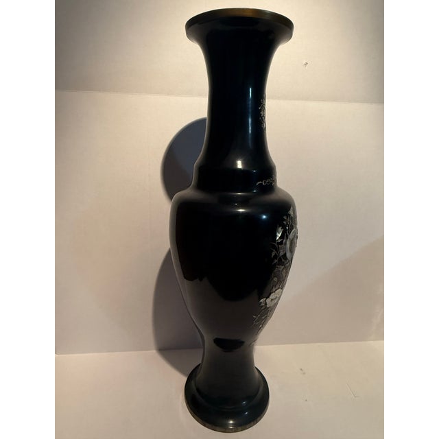 Shell Vintage Asian Black Lacquer Vase With Mother-of-Pearl Inlay 27” For Sale - Image 7 of 8