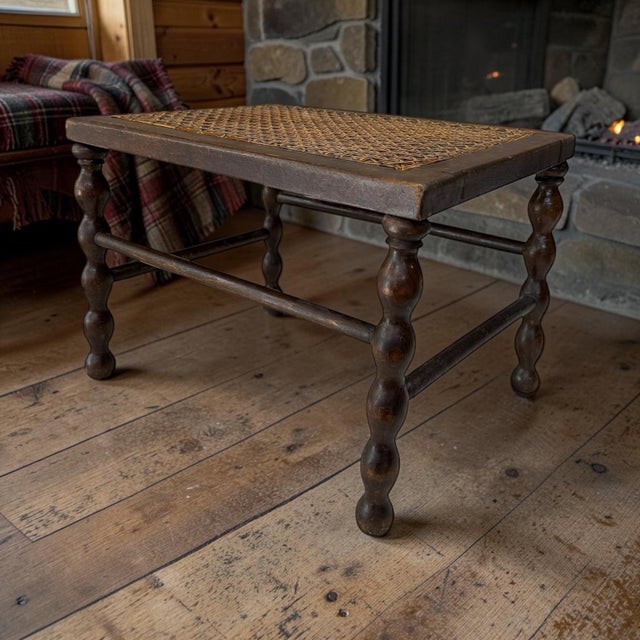 Farmhouse Antique Walnut and Cane Spool Bobbin Leg Footstool, Plant /Display Stand For Sale - Image 3 of 8