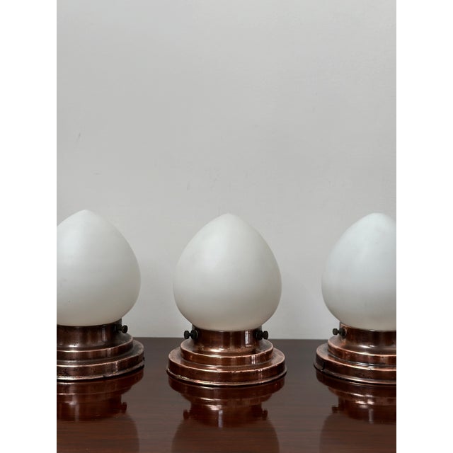 Vintage Bauhaus 349 Opaline and Copper Flush Mounts by Körting & Mathiesen for Kandem Leuchten, 1920s, Set of 3 For Sale - Image 4 of 7