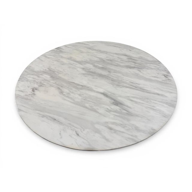 Circa 1990s Saarinen-style gray and white marble top on a tulip base of white enameled steel base. The marble top has a...