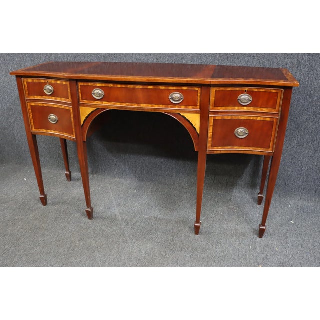 Hepplewhite style sideboard, made of mahogany,top and drawer banded with satinwood, inlaid fan designs below drawer ,...