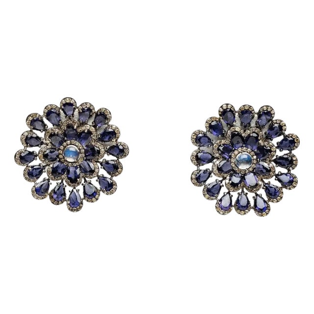 1990s Pair of Diamond, Iolite and Moonstone Flower Stud Earrings For Sale