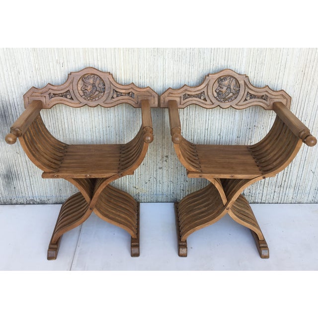 19th century carved walnut folding scissors Savonarola bench/settee Typical of the Italian Renaissance with carved...