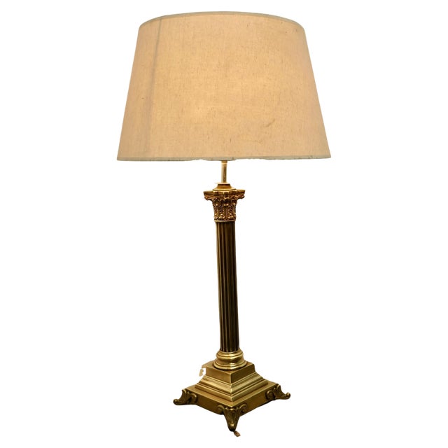 Tall Brass Corinthian Column Table Lamp with Shade, 1920 For Sale