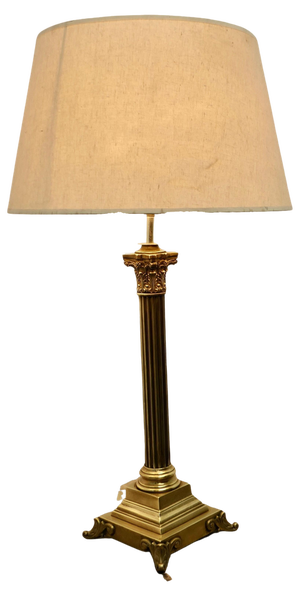 Tall Brass Corinthian Column Table Lamp with Shade, 1920
