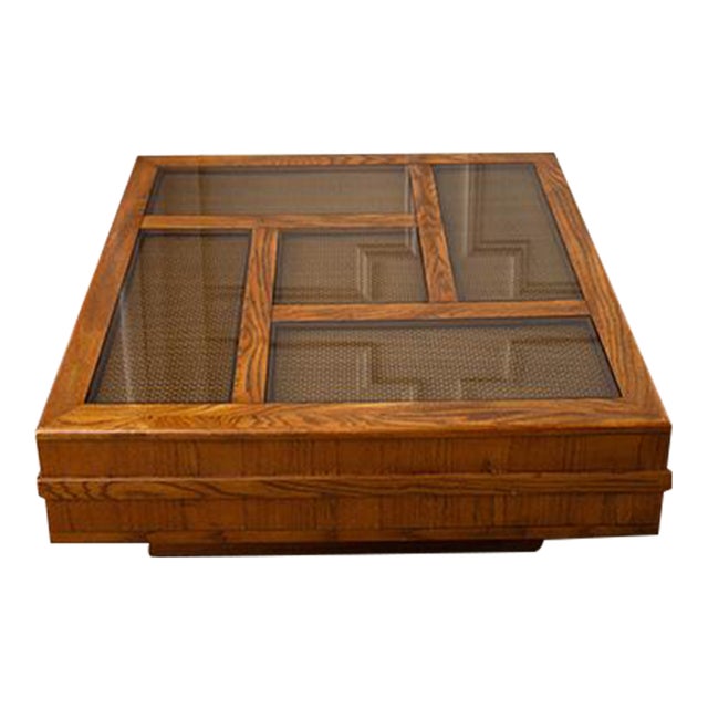 Vintage 1970s Monumental Pedestal Coffee Table With Cane and Smoked Glass Top For Sale