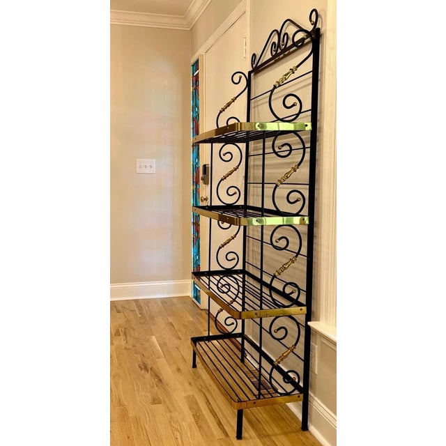 Brass Vintage French Style Four Tier Scrolled Wrought Iron & Brass Baker's Rack For Sale - Image 8 of 10