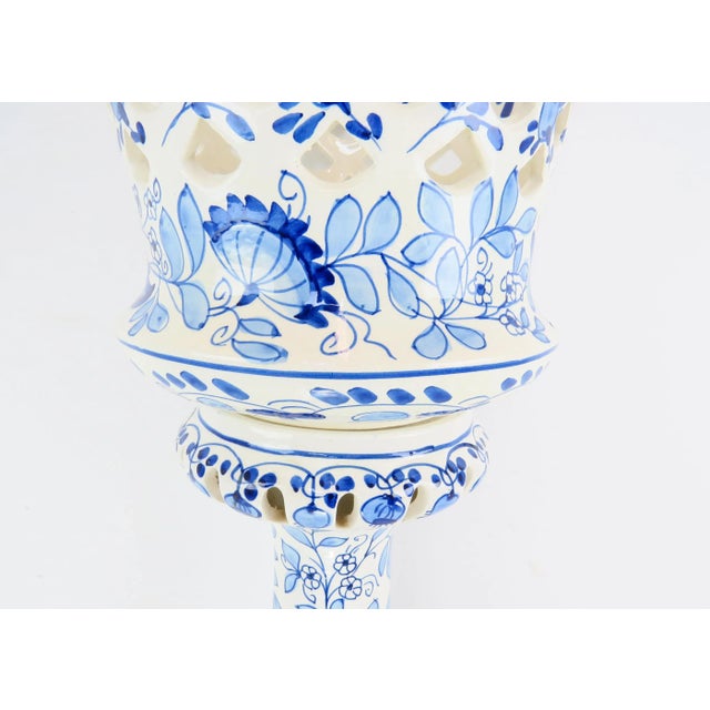 Ceramic Vintage 1970s Spanish Ceramic Blue & White Reticulated Jardiniere Planter on Pedestal For Sale - Image 7 of 12