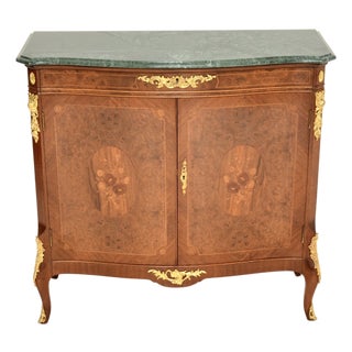 Antique French Burr Walnut and Marble Top Cabinet, 1930s For Sale