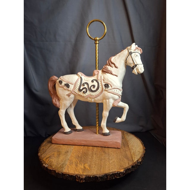 Vintage 1983 Austin Sculpture Carousel Horse Durastone Statue Brass Pole Ring Base 15" For Sale - Image 10 of 14
