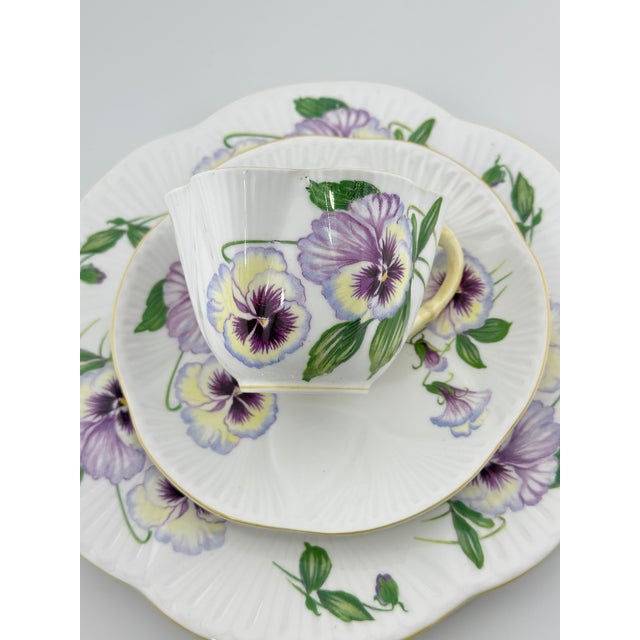 1950s Shelley Pansy Trio Dainty Shape, Vintage English Bone China 3 Piece Tea Set For Sale - Image 5 of 8