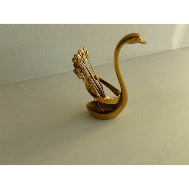Metal Vintage 1970's Brass Plated Metal Swan Vessel Bowl With !0 Serving Spoons For Sale - Image 7 of 17