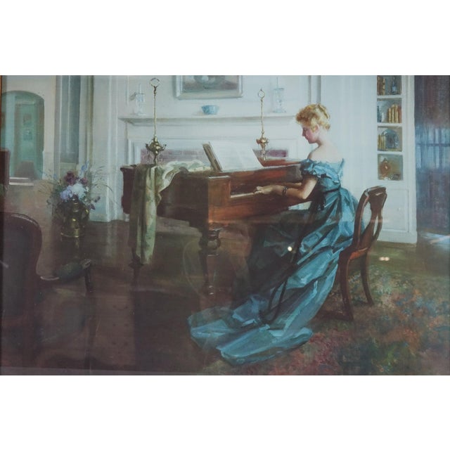 This elegant print of an original oil on canvas depicts a woman in a stunning green dress, seated at a piano with her back...