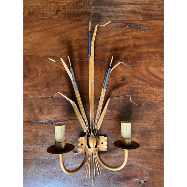 1950s 1950s Hollywood Regency Gilt Cattail Sconces, Pair For Sale - Image 5 of 7