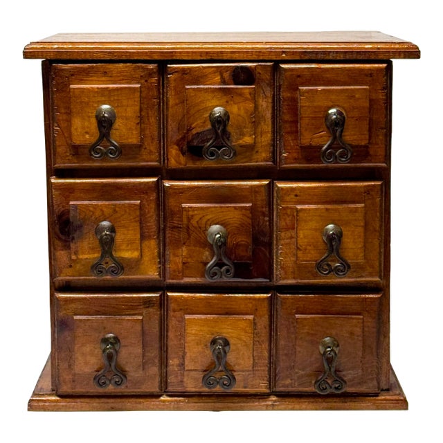 Vintage Hand Crafted Pine 9 Drawer Apothecary Cabinet With Hand Forged Iron Scroll Drawer Pulls For Sale