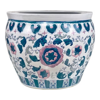 Vintage Chinese Porcelain Lotus Floral Motif Jardiniere Planter For Sale