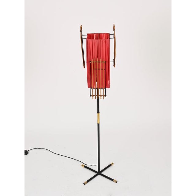Italian Floor Lamp in Metal, Rattan, Brass and Red Acrylic attributed to Dal Vera, 1950s For Sale - Image 3 of 17