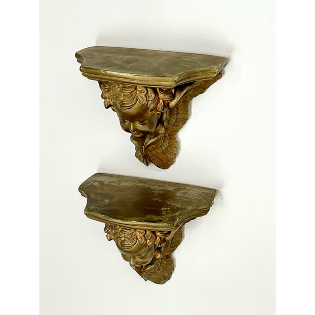 Figurative Pair of Vintage Gilded Plaster Winged Cherub Wall Sconce Shelves For Sale - Image 3 of 12