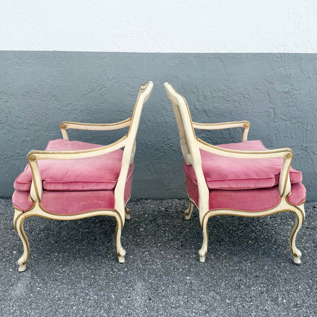 French Provincial Vintage French Provincial Pink Velvet and Cain Back Chairs - A Pair For Sale - Image 3 of 11
