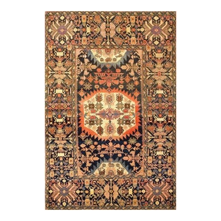 1880s Blue Navy Geometric Tribal Antique Persian Farahan Rug 4'2" X 6'3" Handknotted Wool Carpet For Sale