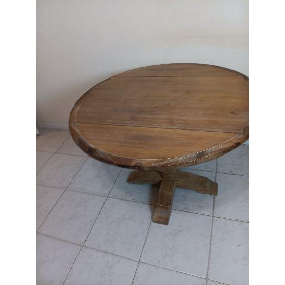 1980s Farmhouse Style Table Sculpted Pedestal Base Rustic Brown Pine Wood Finish For Sale - Image 4 of 7
