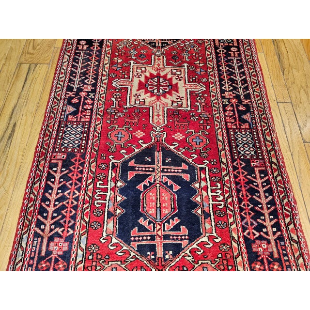 Antique Persian Heriz Karajeh Runner, Hand-Knotted Wool, Geometric Medallion Pattern, Red & Navy, 4x14 For Sale - Image 18 of 18