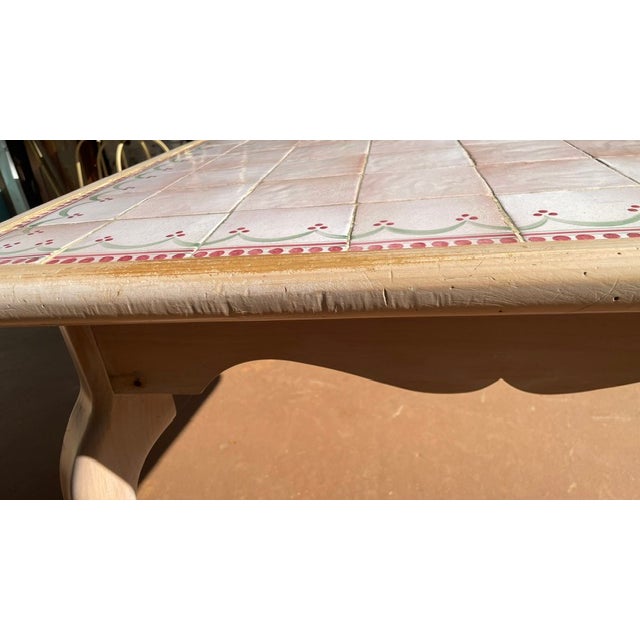 1980s Shabby Chic Wooden Spanish / Italian Style Tile Top Dining Table Pink Trim W/ Floral Center For Sale - Image 17 of 18